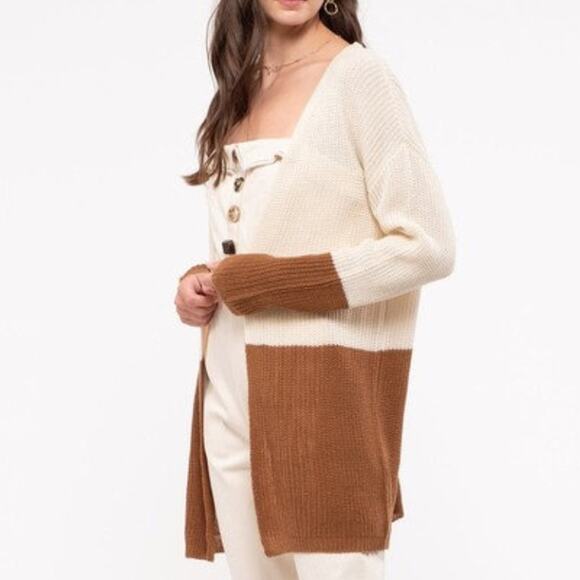 Long Line Lace-Up Back Color Block Knit Long Sleeve Cardigan Womens Small - Picture 1 of 7